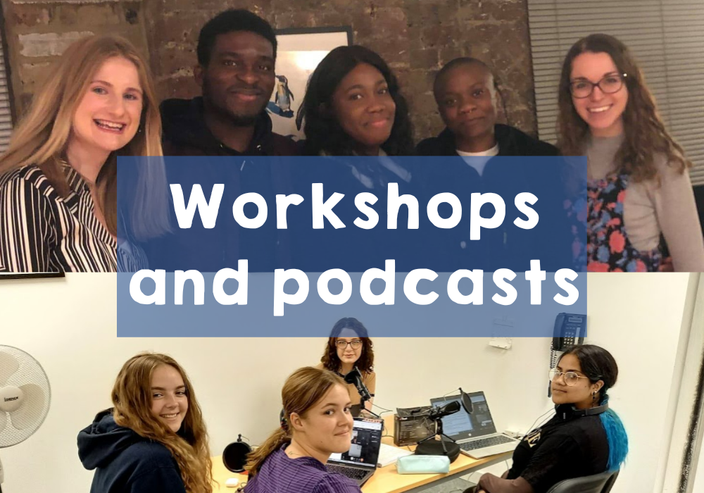 Title box: "Workshops and podcasts"